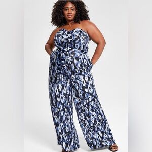 Nina Parker Trendy Plus Size Strapless Jumpsuit Blue Animal Print Sz 14W NWT